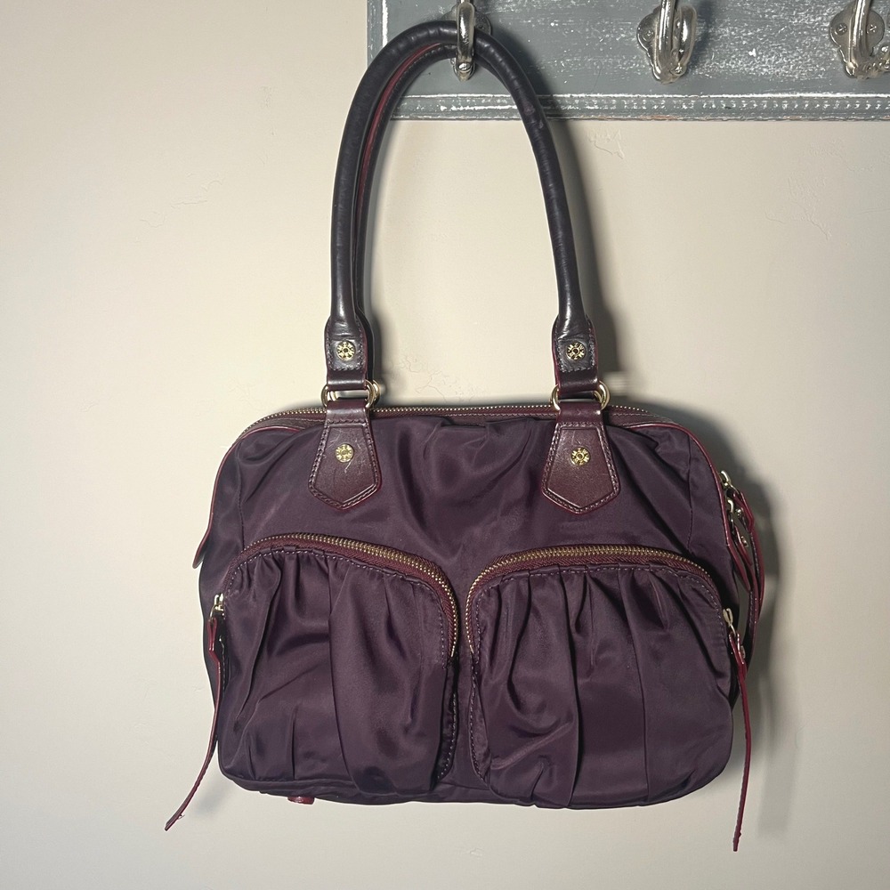 MZ Wallace Jane Satchel Bag Eggplant Plum Purple Nylon Leather Trim Designer
